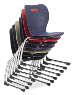 Jasper Cantilever chairs stacked 7 high in various colours.