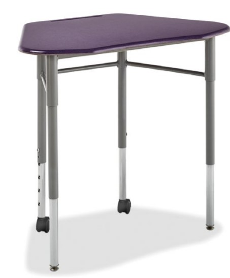 Hexagonal Shaped desk with purple plastic top and two casters on the front two legs. Pictured on a white background.