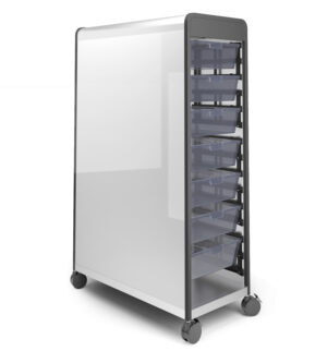 Mobile storage cart with totes and whiteboards for side panels