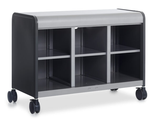 Mobile storage cart with 6 cubby holes.