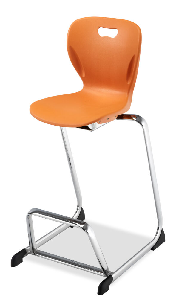 Café Height Cantilever chair with orange seat and hand hole.