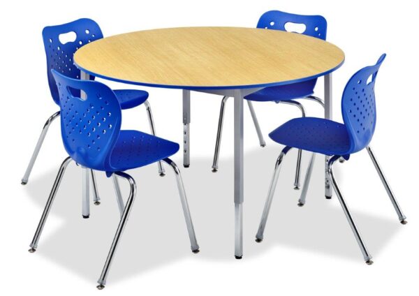 Small round table with four blue chairs around it. Blue edge banding pictured on a white background.