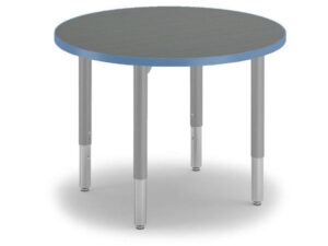 Big Horn Round Table wiht spectrum gray laminate, blue edge banding and gray legs