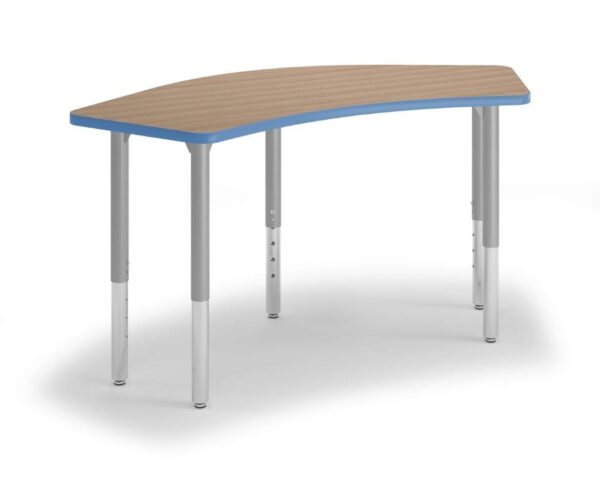 A laminate top table in a bow shape with D-Shape Leg