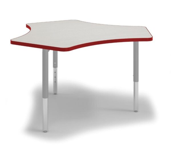 A gray table in a gear shape with red edge banding and gray frame.