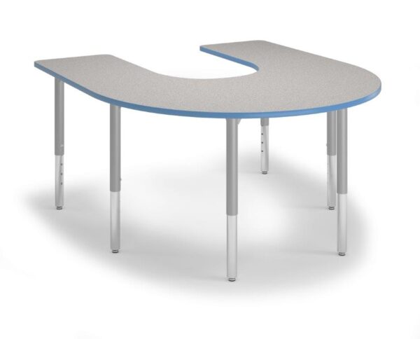 Horseshoe shaped table with gray laminate top, blue edge banding and gray legs.