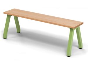 A solid wood top bench with green legs. On a white Background
