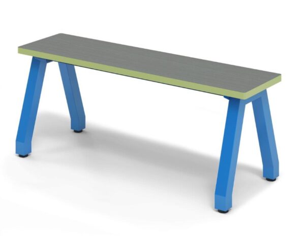 Makerspace Single Bench with dark grey Laminate Top, green edge banding and sky blue legs