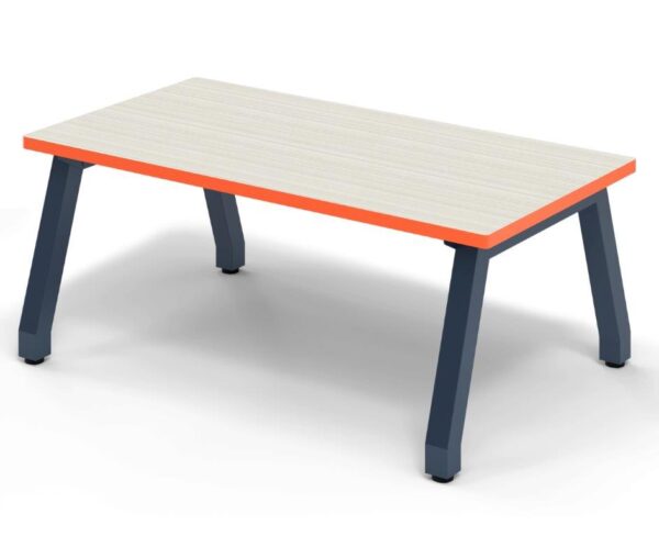 Double wide bench with a grey laminate top orange edge banding and navy legs.