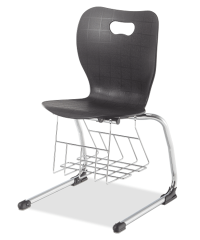 Cantilever chair with book rack underneath the seat. Chrome frame and black seat shell.