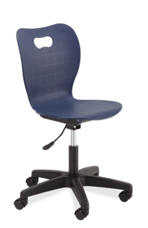 Gas lift chair on casters with a navy seat.