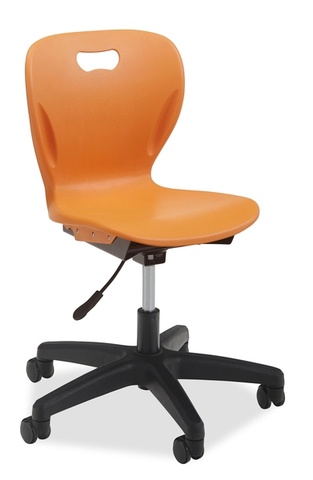 Explorer Gas lift chair on five casters. Orange seat back has hand hold.