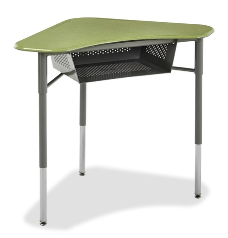 A loosely Boomerang shaped desk with green plastic top and perforated metal book box. Pictured on a white background.