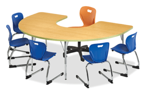 C-Shape table with five chairs around it, and one teacher chair inside the C. Laminate top on a white background