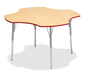 Clover shaped table with maple laminate top, red edge banding and grey frame. on a white background.