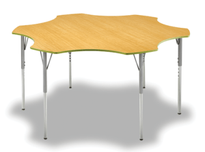 A flower shaped table with maple top and grey frame on a white backgound.