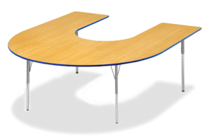 Horseshoe shaped table with laminate and grey frame.