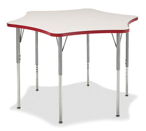A spur shaped table with light grey top and red edge banding and grey frame.