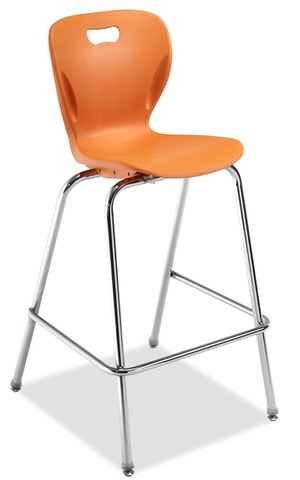 Four Leg Cafe Chair with chrome frame and foot rest. Orange seat shell with hand hold.