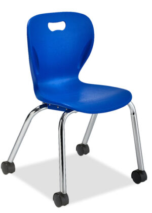 Four leg chair with a caster on the end of each leg. Chrome frame, Blue seat back with hand hold.