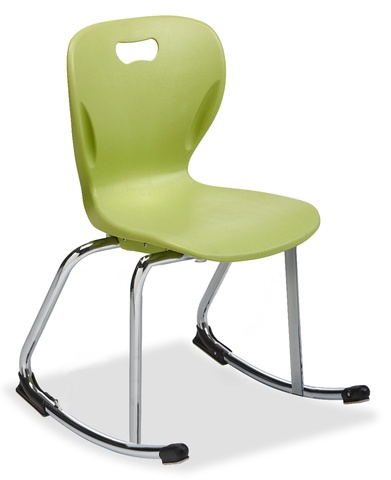 Rocker Chair with chrome frame and green seat back with hand hold.