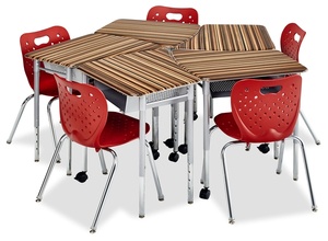 Glacier flow desks in their ideal grouping of 5. pictured with red chairs and laminate top.