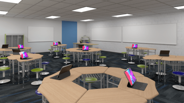 Glacier Hex Desks, hexagonal desks in a classroom setting in groups of 4-6 with wobble stools.