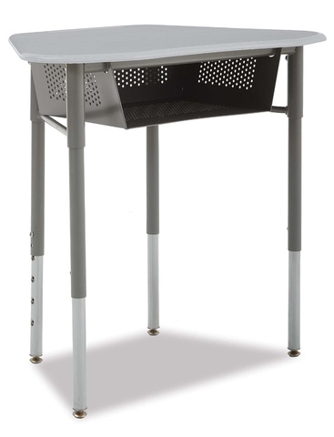 Hexagonal shaped desk with a perforated metal book box under the desk surface. Grey plastic top.