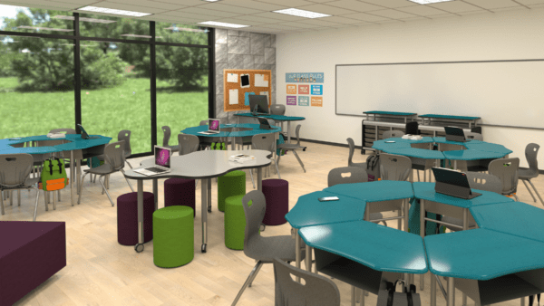 Hexagonal shaped desks in a rendered classroom setting. Desks arrange in groups of 6 with chairs and turquoise plastic tops.