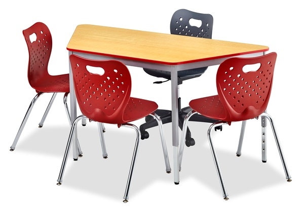 Trapezoid shaped table with full frame and laminate top with red edge banding. Four chairs around the table pictured on a red background.
