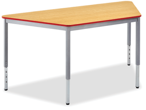Trapezoid shaped table with full frame, maple laminate top and red edge banding. Pictured on a white background.