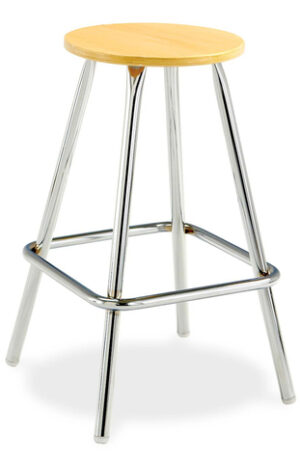 Hard wood seat stool with a chrome metal frame and foot rest.