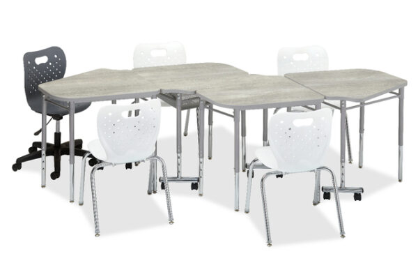 Glacier Idea Desk in a Z shaped grouping with four white chairs and one navy task chair. Pictured on a white background