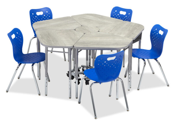 Idea Shaped Desks with center space filled with optional pedestal. 5 desks with blue chairs on a white background