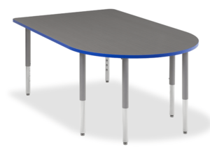 Big Horn D-Shape Table with spectrum Gray laminate, blue edge banding and gray legs.