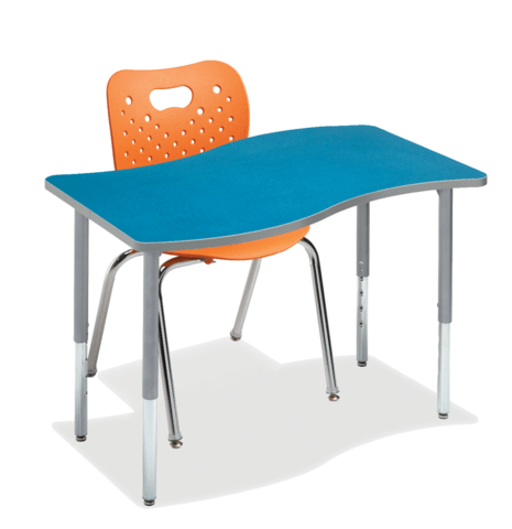 Rectangular S shaped desk. Blue plastic top and orange seat on a white background.