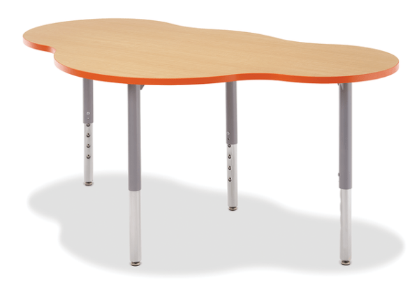 Cloud shaped table with four legs, maple top red edge binding.
