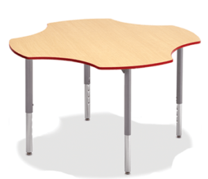 Big Horn Clover Table, with laminate maple top, red edge banding and gray legs.
