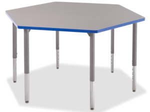 Big Horn Hex Table, a table in a hexagonal shape with grey top, blue edge banding and grey frame.