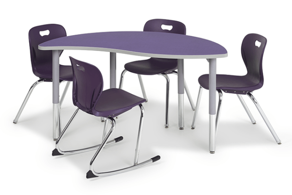 a half round table with an S curve. Four chairs around the table on a white background.