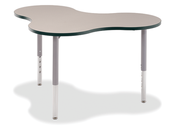 Puzzle piece shaped table on three legs. Grey frame on a white background.