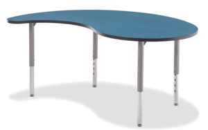 Rain drop shaped table with a blue laminate top, black edge banding on a grey frame.