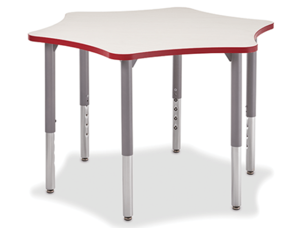 Big Horn Spur Table is a table in a spur shape with red edge banding and gray legs.