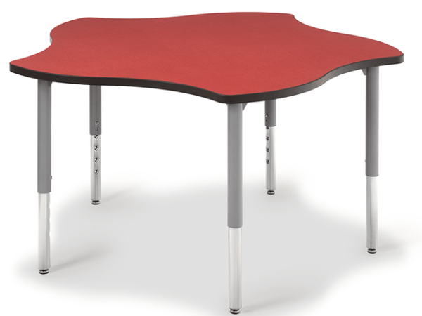 Big Horn Star Table, a ninja star shaped table with red top, black edge banding, and grey frame.