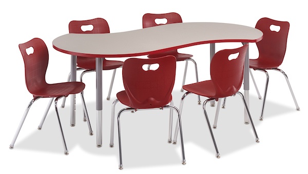 Big Horn Zephyr Table with grey top and legs. pictured with six red chairs around the table