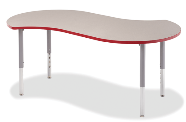 S-Shaped rectangular table with rounded ends. Grey laminate top with red edge banding and grey frame on a white background.