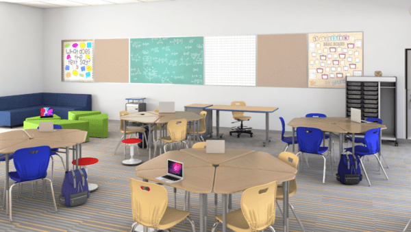 Pente Desks in groups of five forming a pentagon shape in a classroom setting. Accelerator storage in the back right hand of the classroom and soft seating in the left.