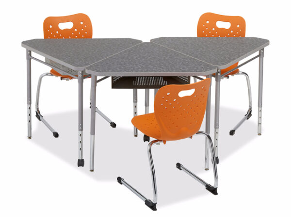 Glacier Pente Desks in an alternating triangle pattern. Pictured with cantilever chairs with orange seat backs