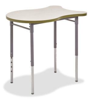 Scallop shaped desk with laminate top and white edge banding pictured on a white background.