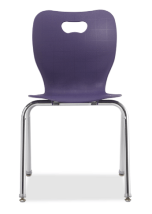 Four leg chair with chrome frame. A purple seat back with hand hold.